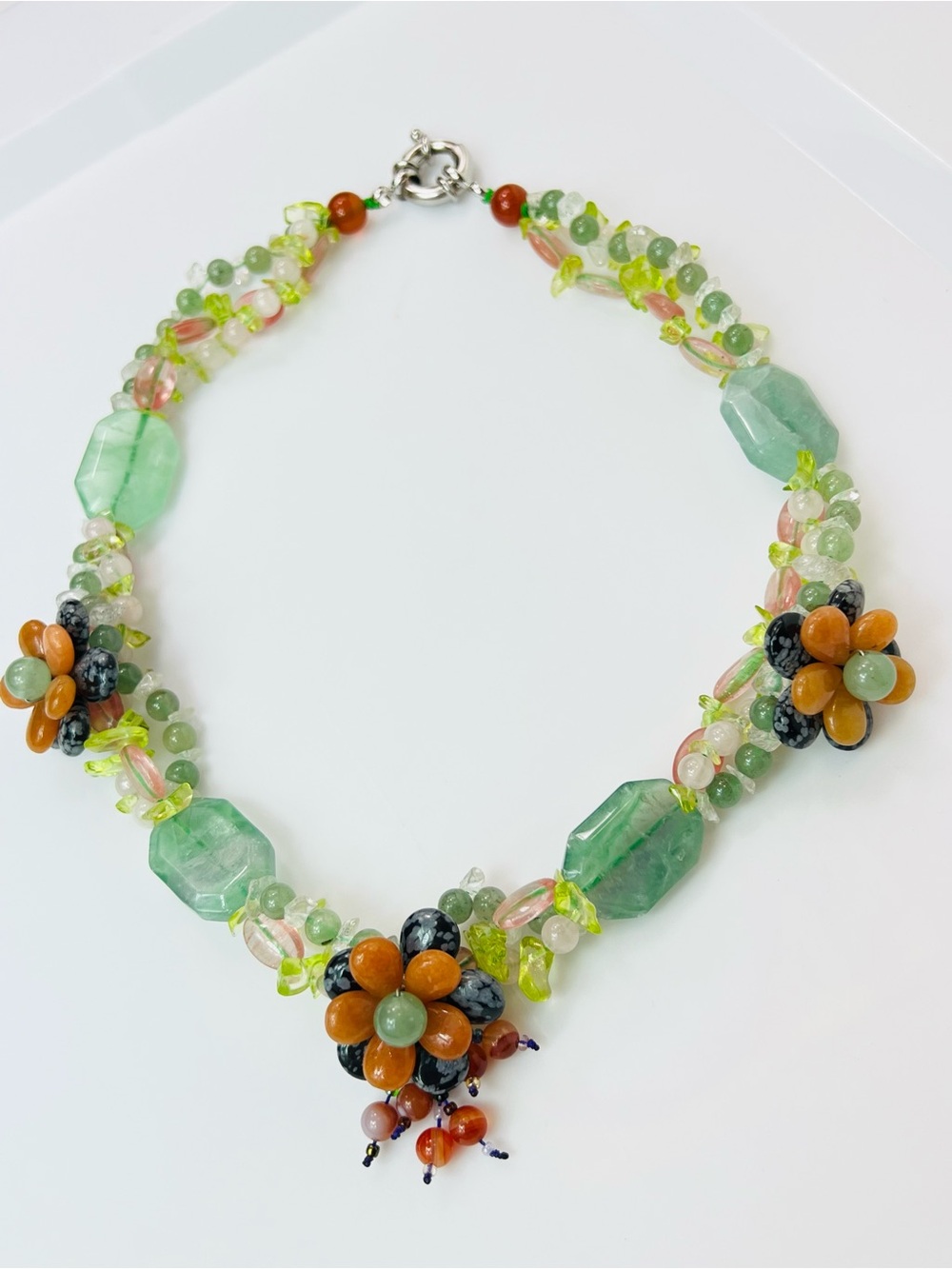 Artisan Handmade Glass Bead Necklace Floral Statement Multicolor 18.5”